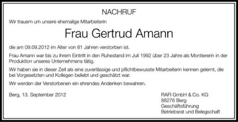  Traueranzeige für Gertrud Amann vom 13.09.2012 aus Schwäbische Zeitung
