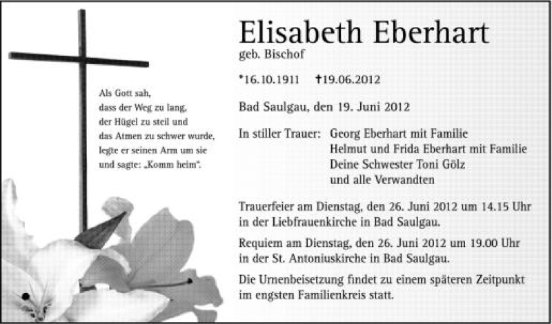  Traueranzeige für Elisabeth Eberhart vom 23.06.2012 aus Schwäbische Zeitung