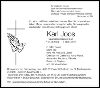 Anzeige von Karl Joos von Schwäbische Zeitung
