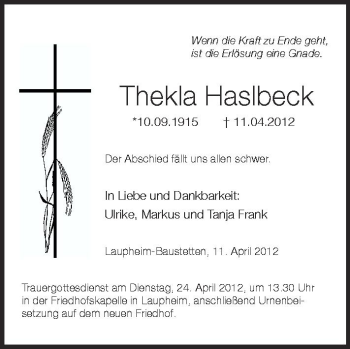 Anzeige von Thekla Haslbeck von Schwäbische Zeitung