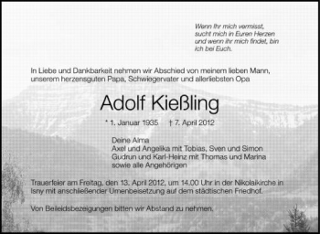 Anzeige von Adolf Kießling von Schwäbische Zeitung