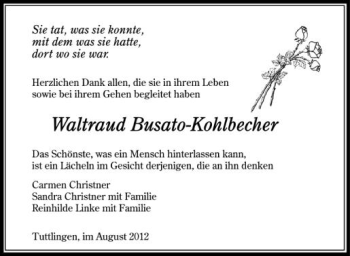 Anzeige von Waltraud Busato-Kohlbecher von Schwäbische Zeitung