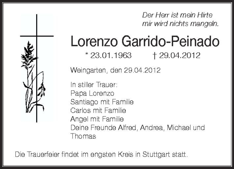  Traueranzeige für Lorenzo Garrido-Peinado vom 02.05.2012 aus Schwäbische Zeitung