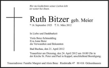 Anzeige von Ruth Bitzer von Schwäbische Zeitung