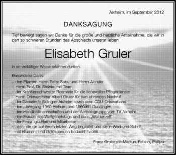 Anzeige von Elisabeth Gruler von Schwäbische Zeitung