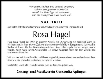 Anzeige von Rosa Hagel von Schwäbische Zeitung