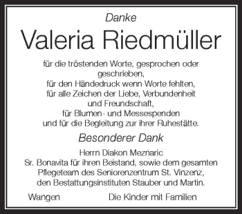 Anzeige von Valeria Riedmüller von Schwäbische Zeitung