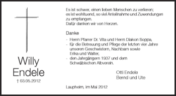 Anzeige von Willy Endele von Schwäbische Zeitung