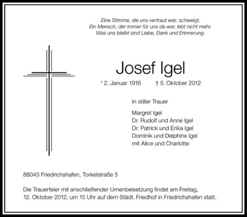  Traueranzeige für Josef Igel vom 10.10.2012 aus Schwäbische Zeitung