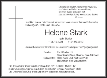 Anzeige von Helene Stark von Schwäbische Zeitung