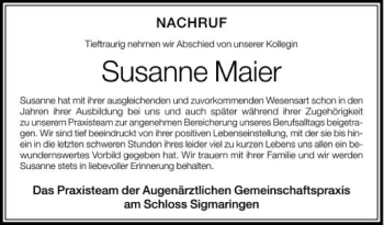 Anzeige von Susanne Maier von Schwäbische Zeitung