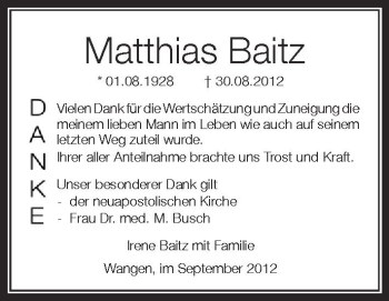 Anzeige von Matthias Baitz von Schwäbische Zeitung