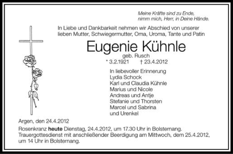  Traueranzeige für Eugenie Kühnle vom 24.04.2012 aus Schwäbische Zeitung