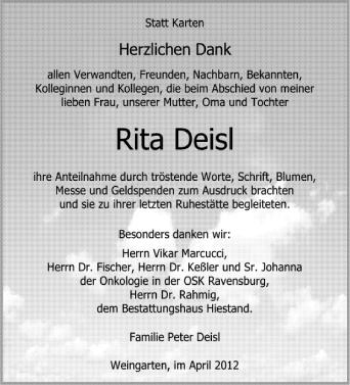 Anzeige von Rita Deisl von Schwäbische Zeitung