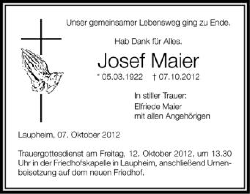 Traueranzeige für Josef Maier vom 10.10.2012 aus Schwäbische Zeitung