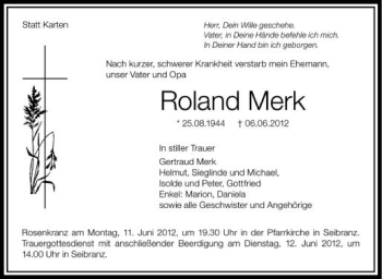 Anzeige von Roland Merk von Schwäbische Zeitung