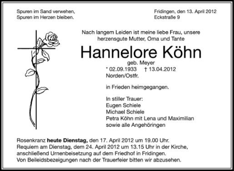  Traueranzeige für Hannelore Köhn vom 17.04.2012 aus Schwäbische Zeitung