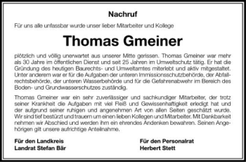 Anzeige von Thomas Gmeiner von Schwäbische Zeitung