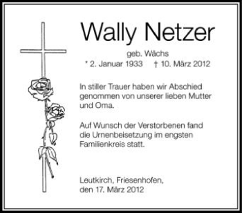 Anzeige von Wally Netzer von Schwäbische Zeitung