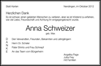 Anzeige von Anna Schweizer von Schwäbische Zeitung