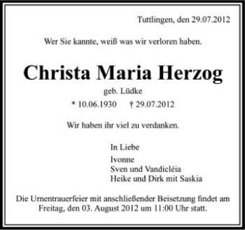 Anzeige von Christa Maria Herzog von Schwäbische Zeitung