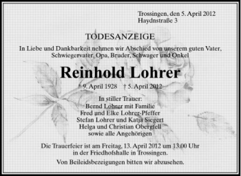 Anzeige von Reinhold Lohrer von Schwäbische Zeitung