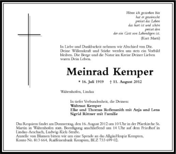 Anzeige von Meinrad Kemper von Schwäbische Zeitung