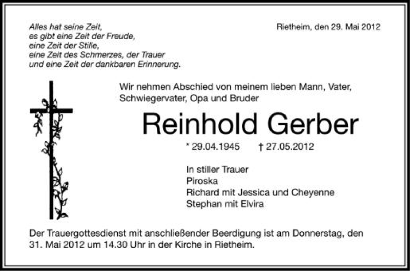  Traueranzeige für Reinhold Gerber vom 30.05.2012 aus Schwäbische Zeitung
