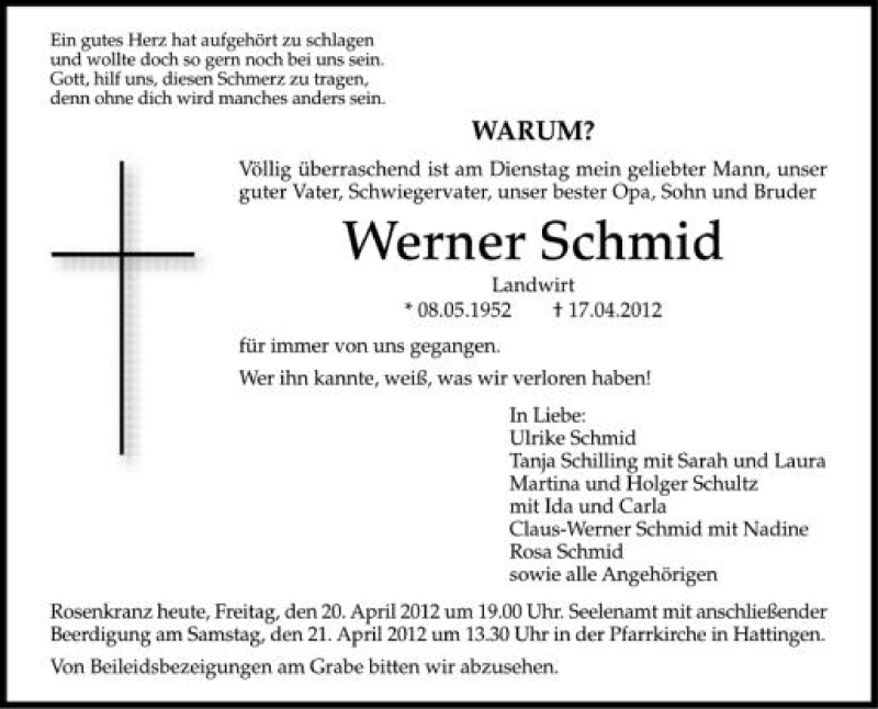  Traueranzeige für werner Schmid vom 20.04.2012 aus Schwäbische Zeitung