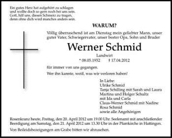 Anzeige von werner Schmid von Schwäbische Zeitung
