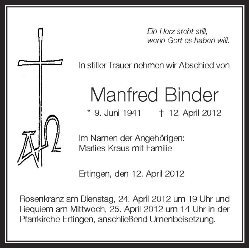  Traueranzeige für Manfred Binder vom 23.04.2012 aus Schwäbische Zeitung