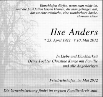 Anzeige von Ilse Anders von Schwäbische Zeitung