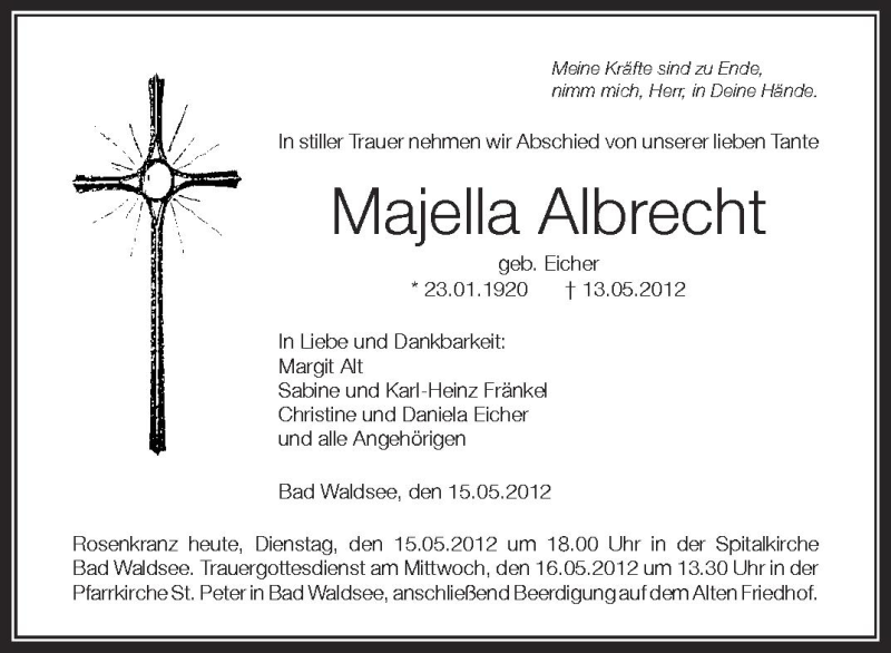  Traueranzeige für Majella Albrecht vom 15.05.2012 aus Schwäbische Zeitung