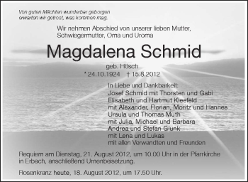 Anzeige von Magdalena Schmid von Schwäbische Zeitung