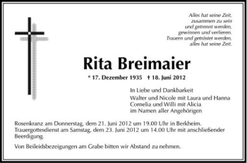 Anzeige von Rita Breimaier von Schwäbische Zeitung