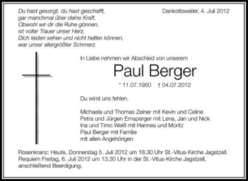 Anzeige von Paul Berger von Schwäbische Zeitung