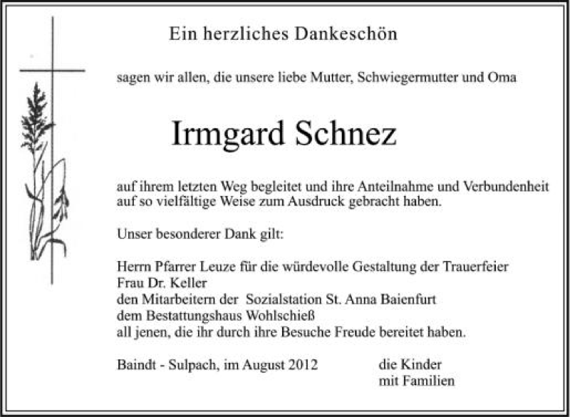  Traueranzeige für Irmgard Schnez vom 15.08.2012 aus Schwäbische Zeitung
