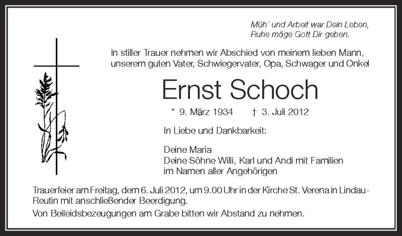  Traueranzeige für Ernst Schoch vom 04.07.2012 aus Schwäbische Zeitung