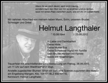 Anzeige von Helmut Langthaler von Schwäbische Zeitung