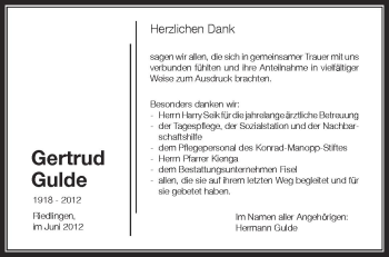 Anzeige von Gertrud Gulde von Schwäbische Zeitung