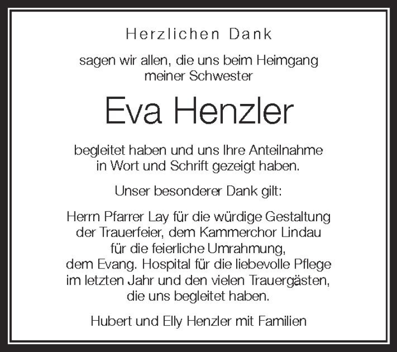  Traueranzeige für Eva Henzler vom 12.05.2012 aus Schwäbische Zeitung