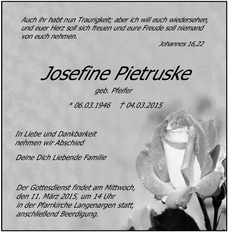  Traueranzeige für Josefe Pietruske vom 07.03.2015 aus Schwäbische Zeitung