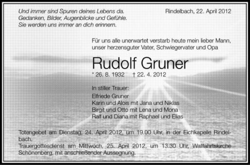  Traueranzeige für Rudolf Gruner vom 24.04.2012 aus Schwäbische Zeitung