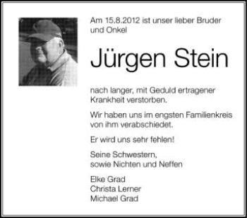 Anzeige von Jürgen Stein von Schwäbische Zeitung