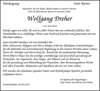 Anzeige von Wolfgang Dreher von Schwäbische Zeitung