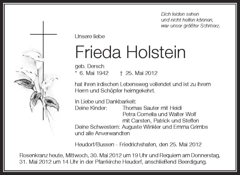  Traueranzeige für Frieda Holstein vom 30.05.2012 aus Schwäbische Zeitung