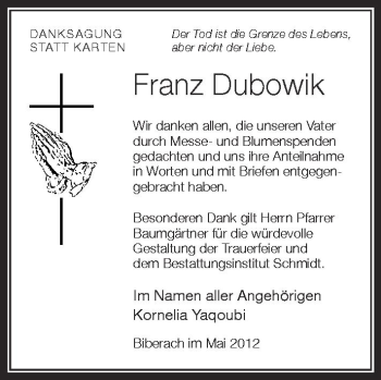 Anzeige von Franz Dubowik von Schwäbische Zeitung