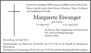Anzeige von Margarete Eiwanger von Schwäbische Zeitung