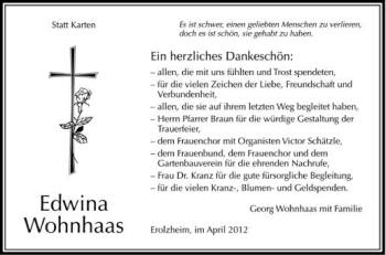 Anzeige von Edwina Wohnhaas von Schwäbische Zeitung