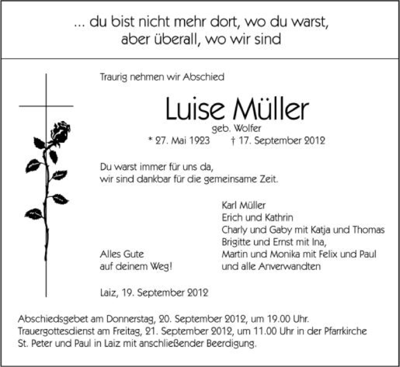  Traueranzeige für Luise Müller vom 19.09.2012 aus Schwäbische Zeitung